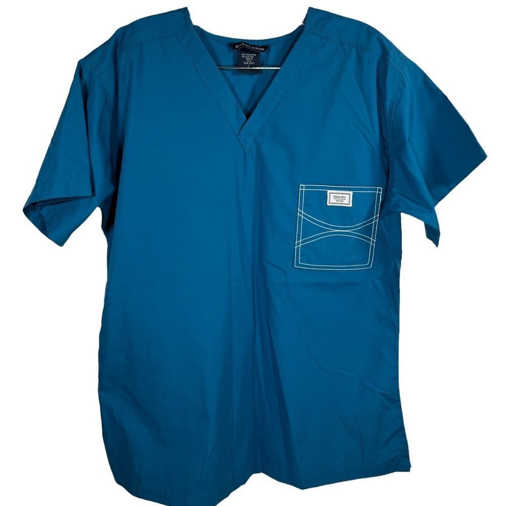 Blue Sky Womens Scrubs Top Blue Pullover Short Sleeve Pocket V Neck L New